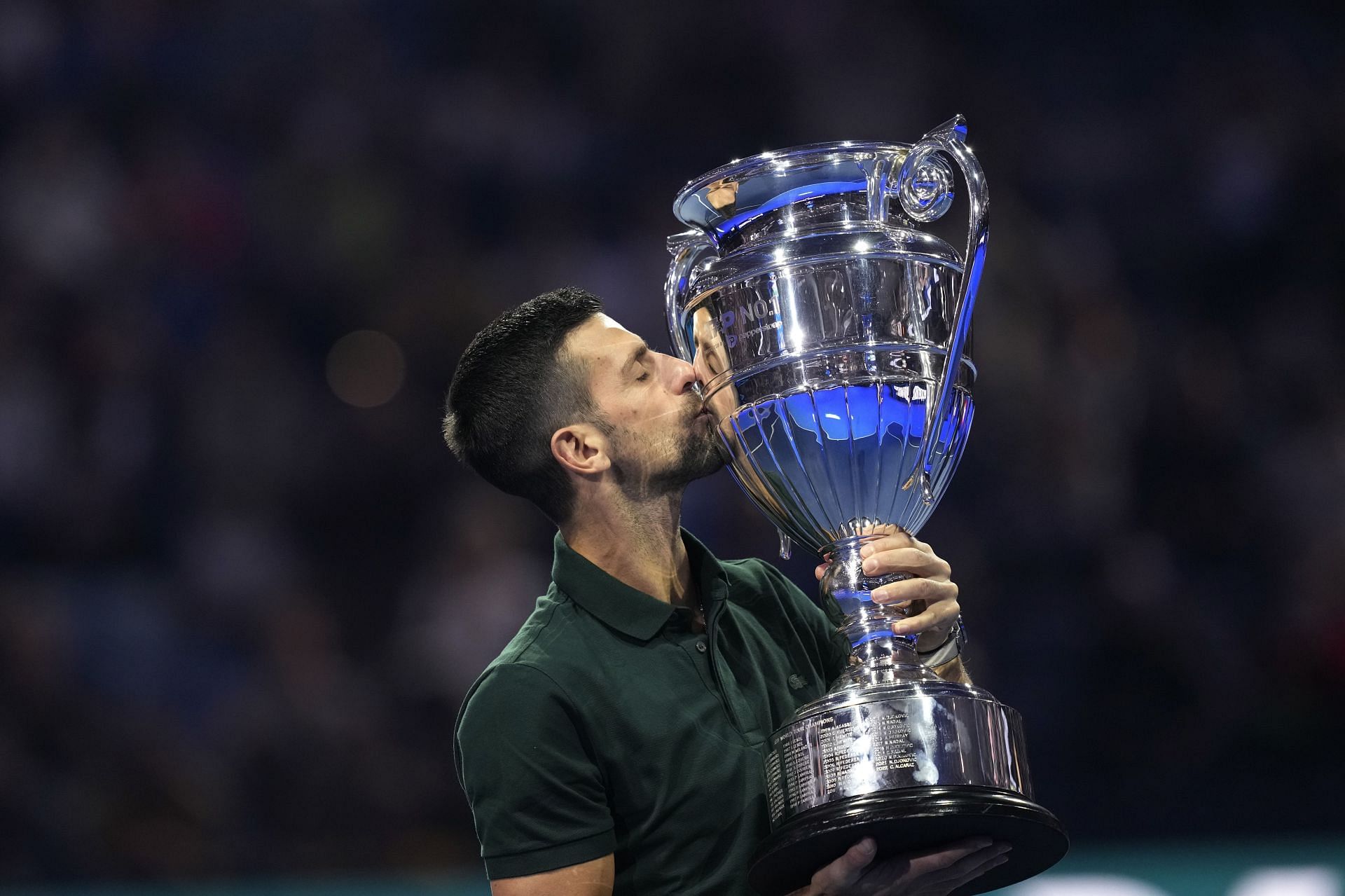Novak Djokovic with the year-end World No 1 Trophy