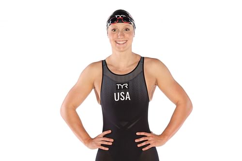 Swimmer Katie Ledecky poses during the Team USA Paris 2024 Olympic Portrait Shoot at NBC Universal Studios Stage 16 on November 18, 2023 in Los Angeles, California