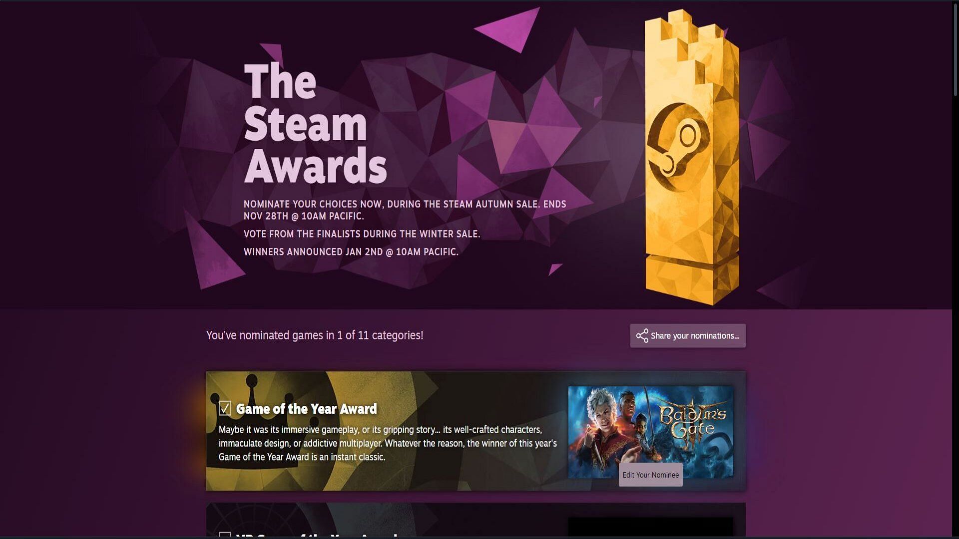 The nomination page (Image via Valve)