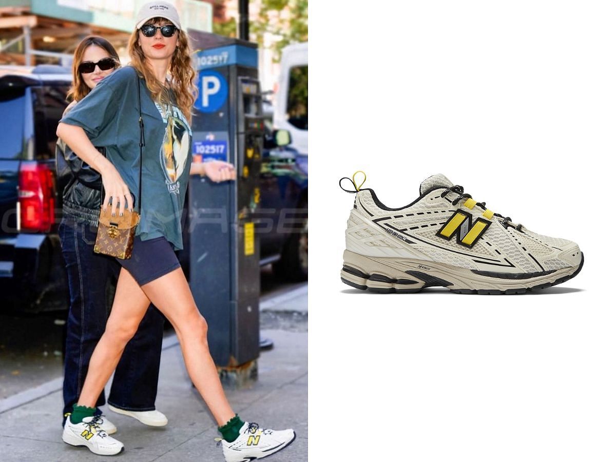 Taylor Swift was spotted in 2023 wearing the Ganni x New Balance 1906R sneakers and a closeup of the sneakers (Image via Instagram/swiftiesforeternity/Ganni)