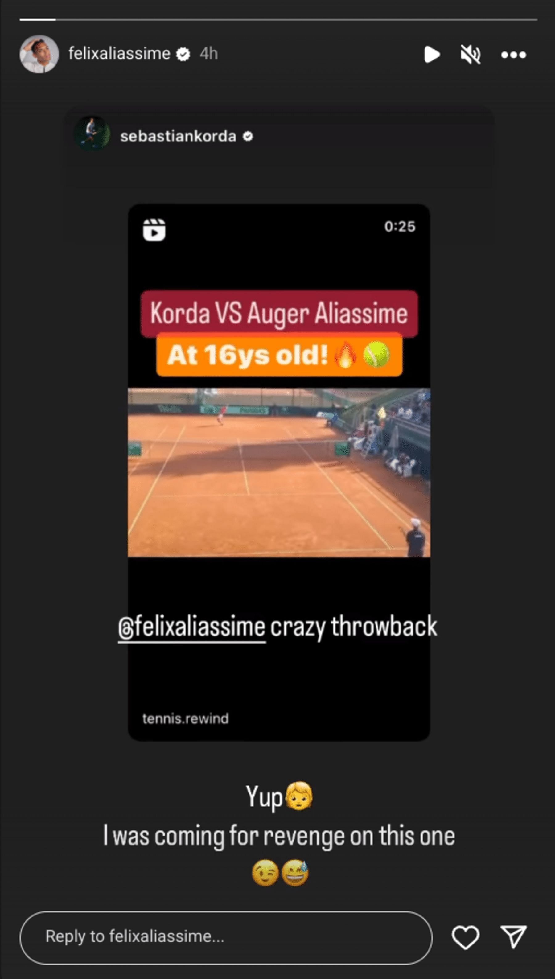 Auger-Aliassime responds to Korda on Instagram