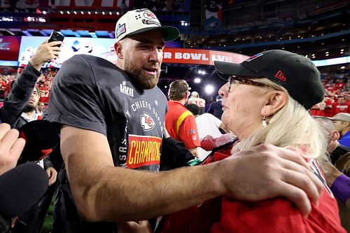 Donna Kelce and Travis Kelce during Super Bowl LVII - Kansas City Chiefs v Philadelphia Eagles