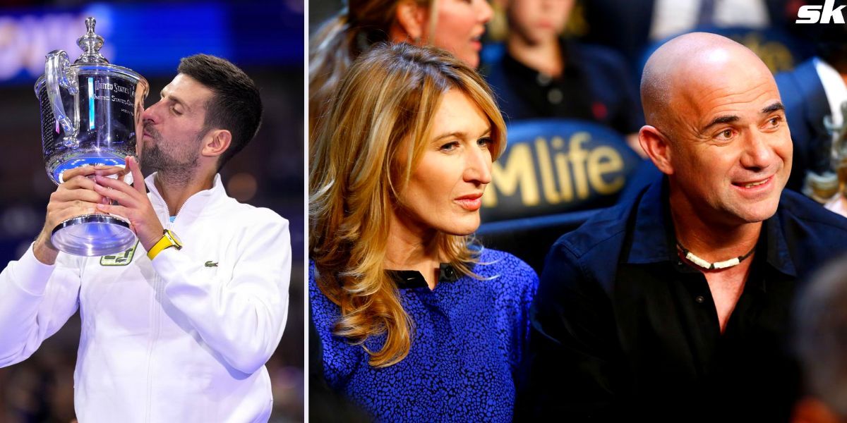 Novak Djokovic (L), Steffi Graf and Andre Agassi (R)