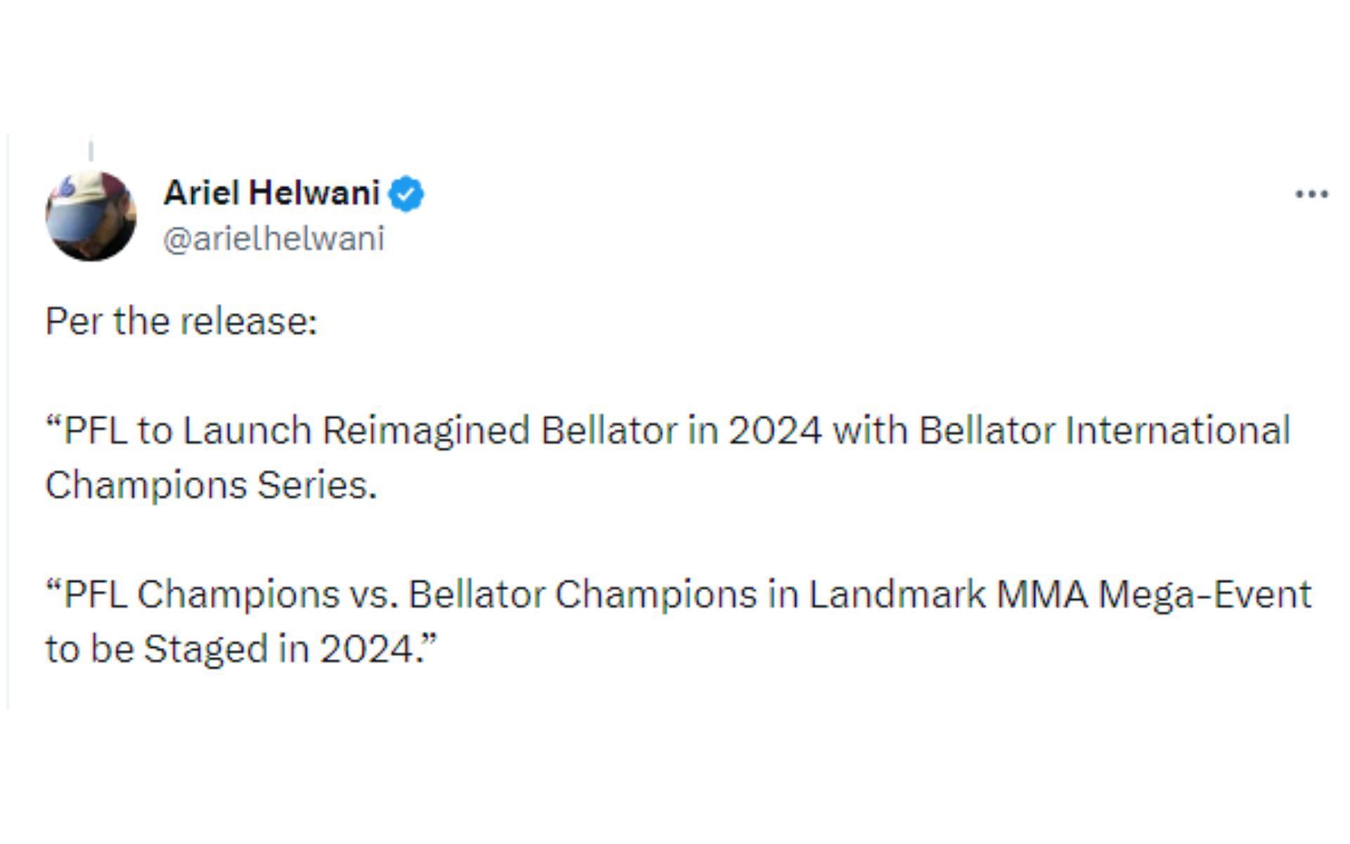Ariel Helwani&#039;s tweet regarding PFL-Bellator