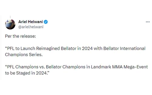 Ariel Helwani's tweet regarding PFL-Bellator