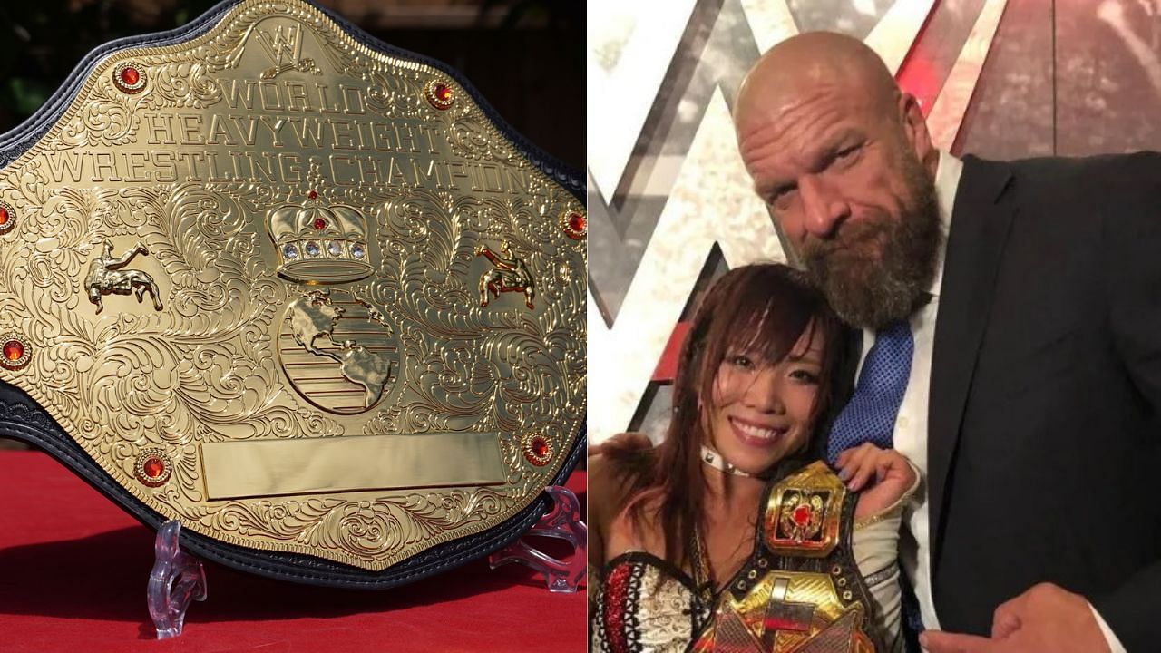 WWE World Heavyweight title (left) &amp; Kairi Sane and Triple H (right)