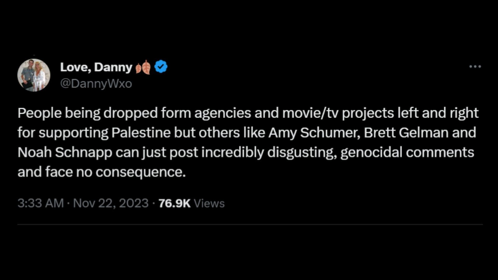 Netizens call out Hollywood for not firing Noah Schnapp or Amy Schumer but dropping Barrera for pro-Palestine posts. (Image via X/@DannyWxo)