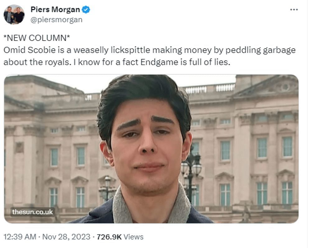 Piers Morgan&#039;s Tweet on Omid Scobie (Image via X / Piers Morgan)