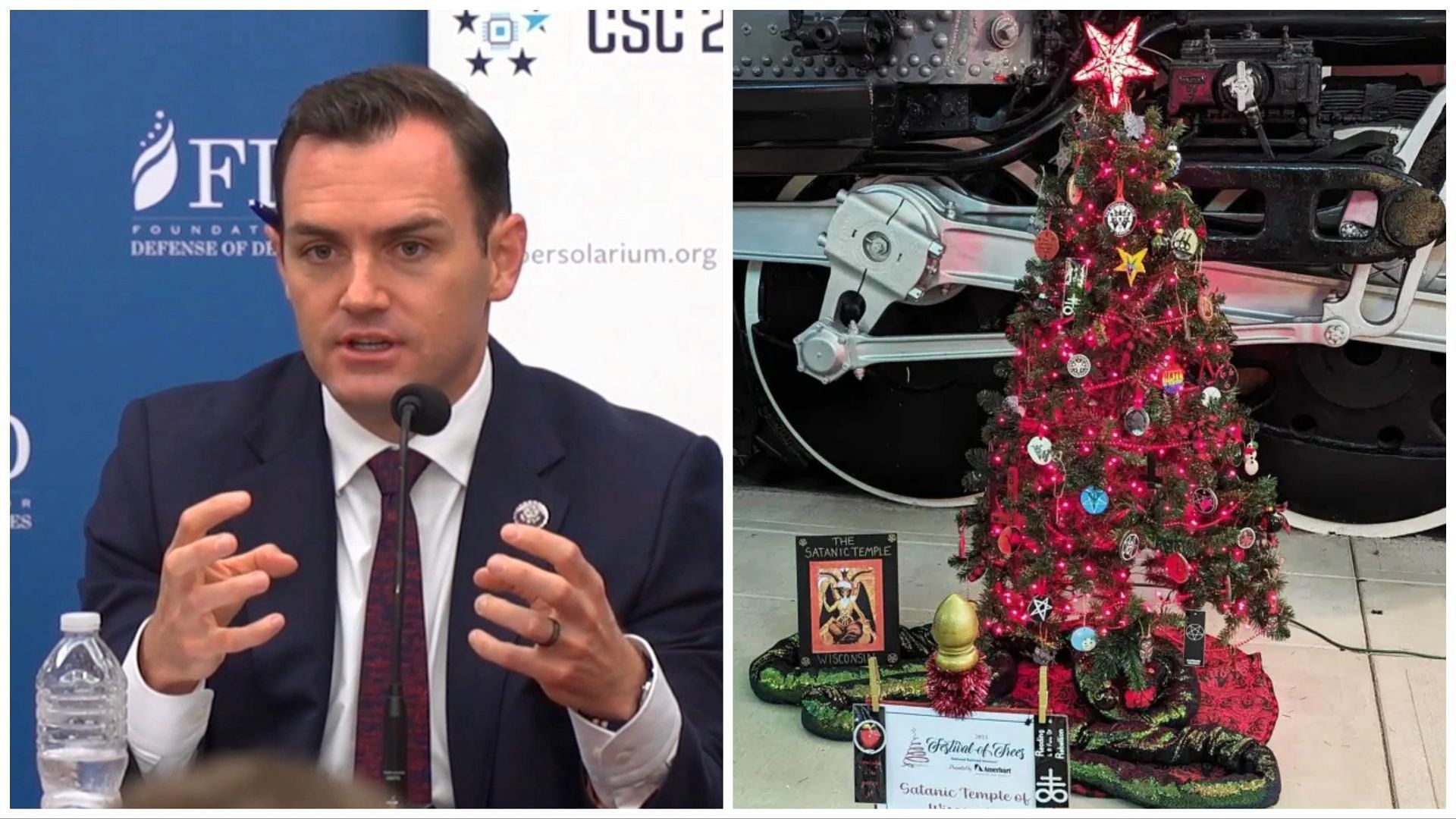 Netizens are currently trolling Gallagher for his comments on the &#039;Satanic Christmas Tree&#039; (Image via Instagram / repgallagher / Facebook / The Satanic Temple - Wisconsin)