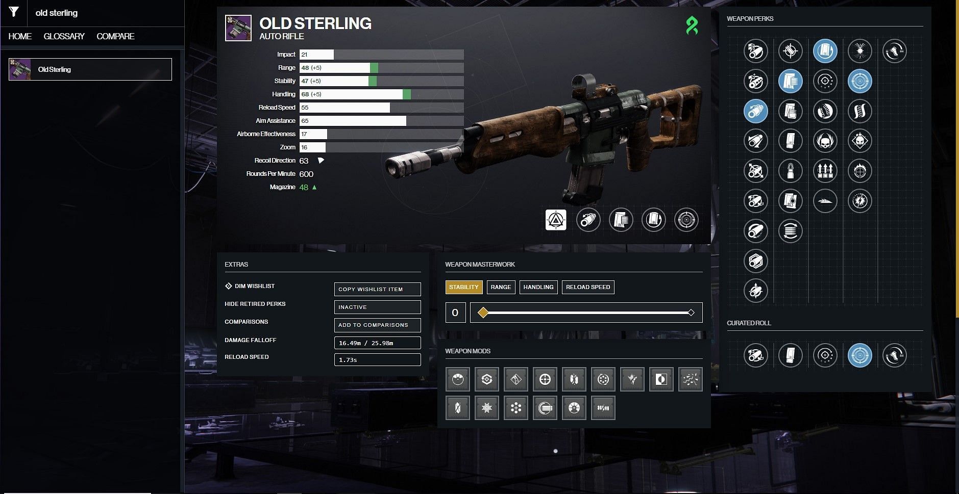 Old Sterling PvE god roll (Image via D2Gunsmith)