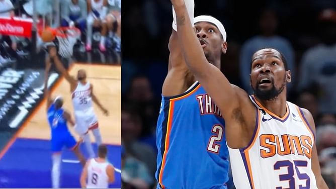 Watch: Kevin Durant swats Shai Gilgeous-Alexander before landing on him