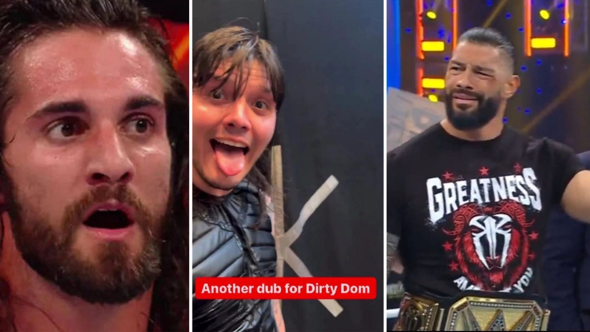 Seth Rollins on the left, Dominik Mysterio in the middle, Roman Reigns on the right
