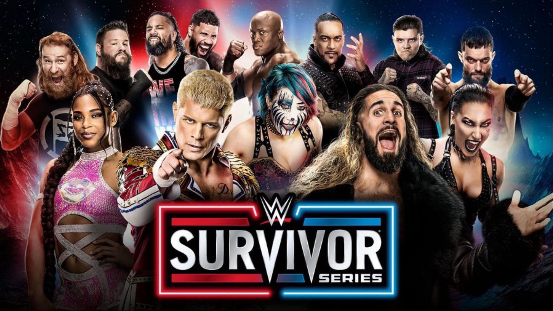 A poster of Survivor Series 2023 featuring various WWE superstars.