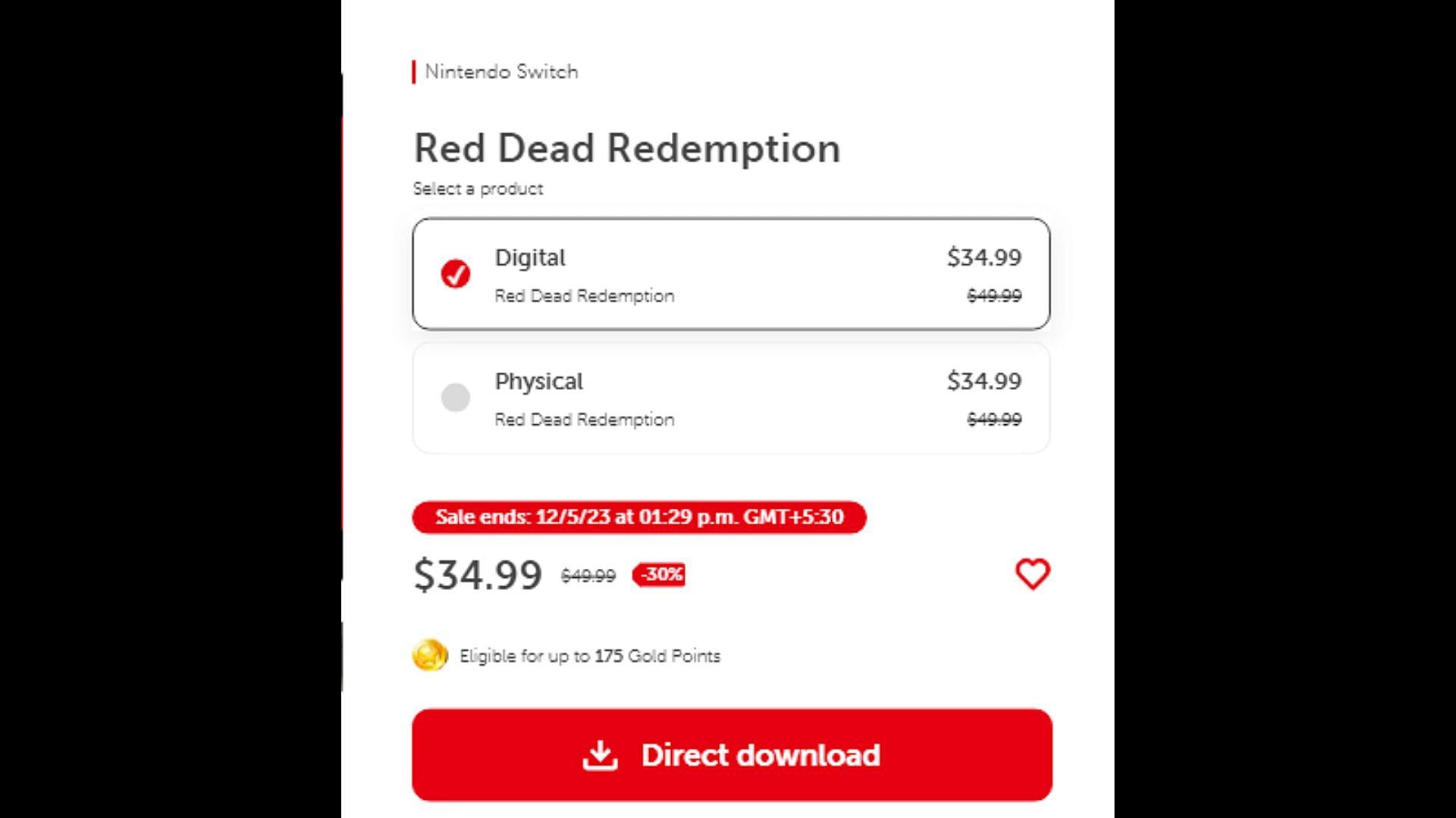 Red Dead Redemption&#039;s Cyber Monday Deal price (Image via nintendo.com)
