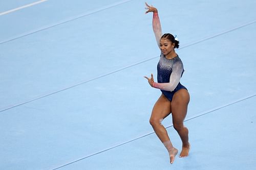 Jordan Chiles of Team United States competes on the floor exercise during the Women's Team Final at the 2023 Pan Am Games in Santiago, Chile