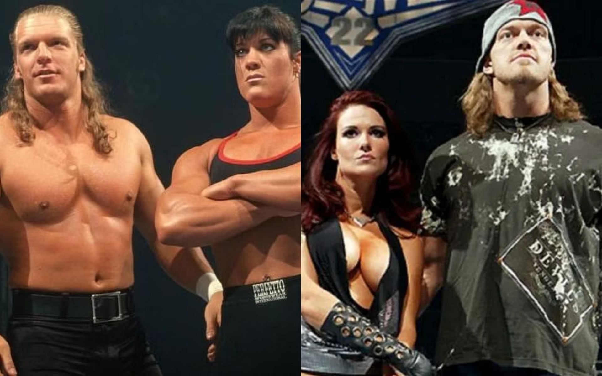 Triple H and Chyna (L); Lita and Edge (R).