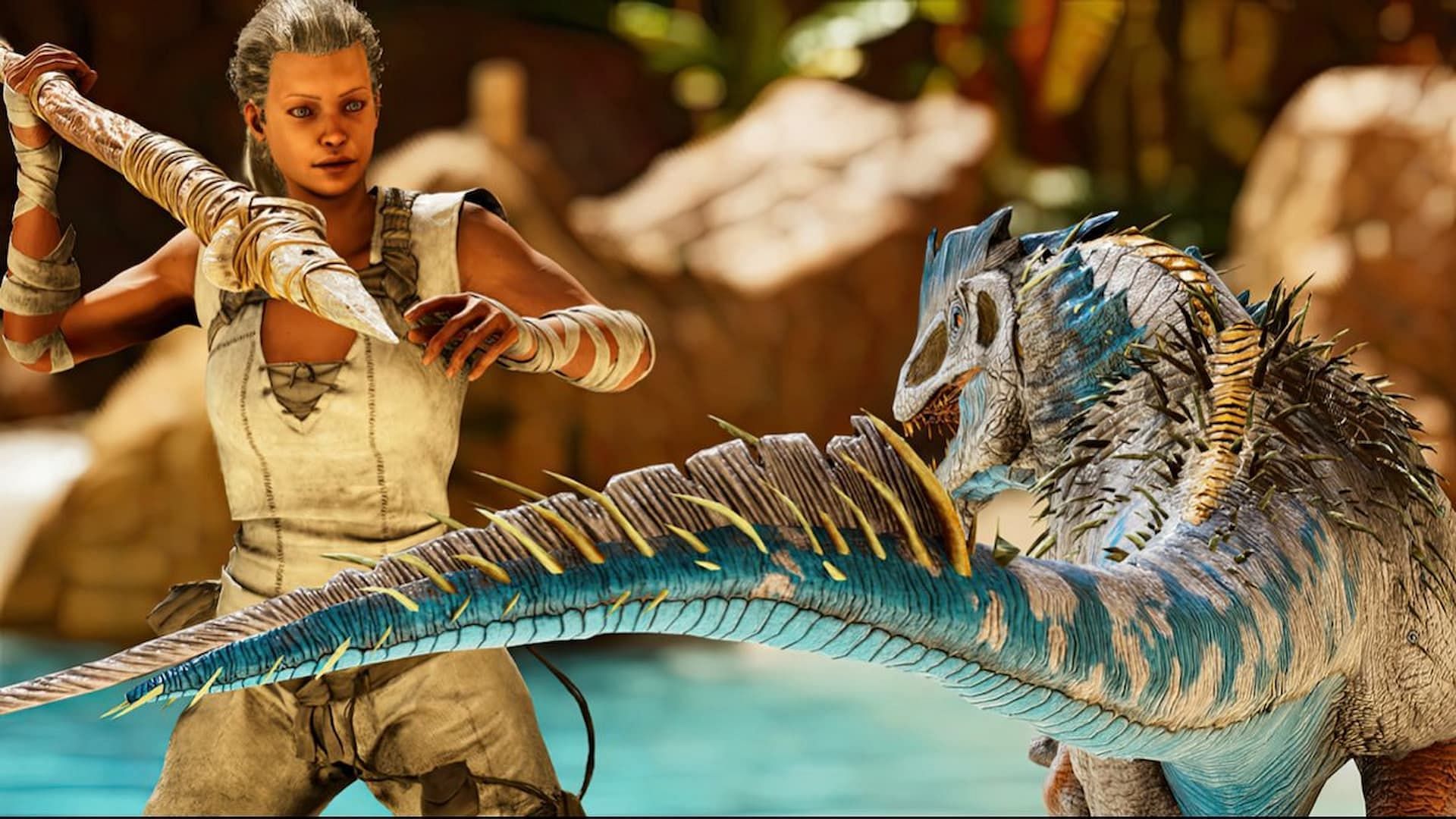 Player using a spear against a raptor in ARK Survival Ascended