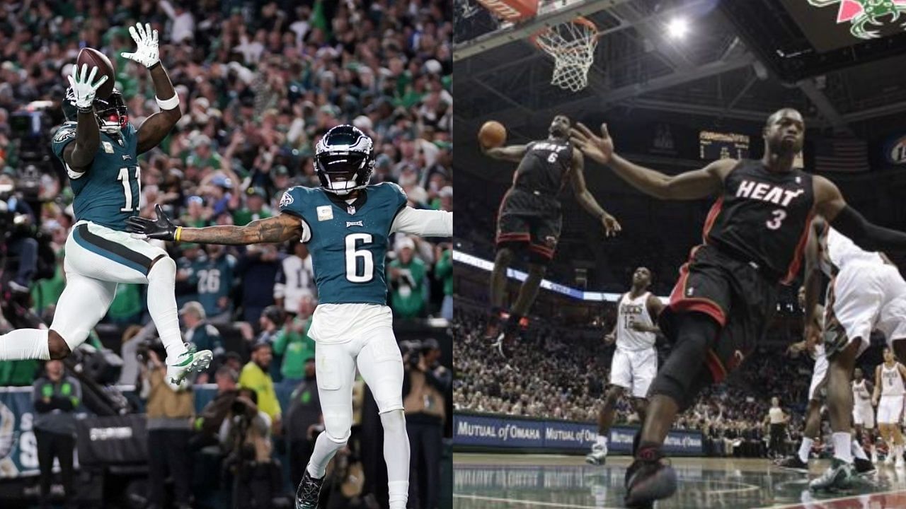 A.J. Brown and DeVonta Smith recreate the iconic LeBron James-Dwayne Wade alley-oop photo