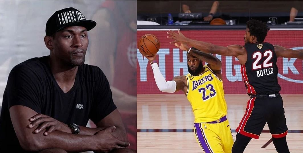 Former LA Lakers champion Metta World Peace (L) has a bold take on missed calls on league superstars like LeBron James.