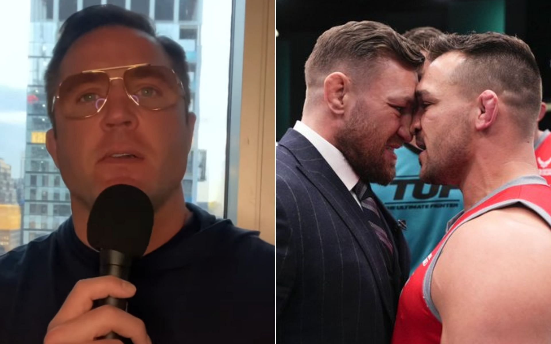 Chael Sonnen [Left], and Conor McGregor and Michael Chandler faceoff [Right] [Photo credit: Chael Sonnen - YouTube, and @UltimateFighter - X]