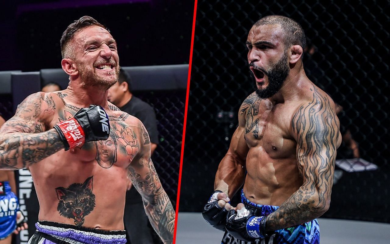 Veteran fighters Liam Harrison (L) and John Lineker (R) lock horns in a Muay Thai showdown in January. -- Photo by ONE Championship