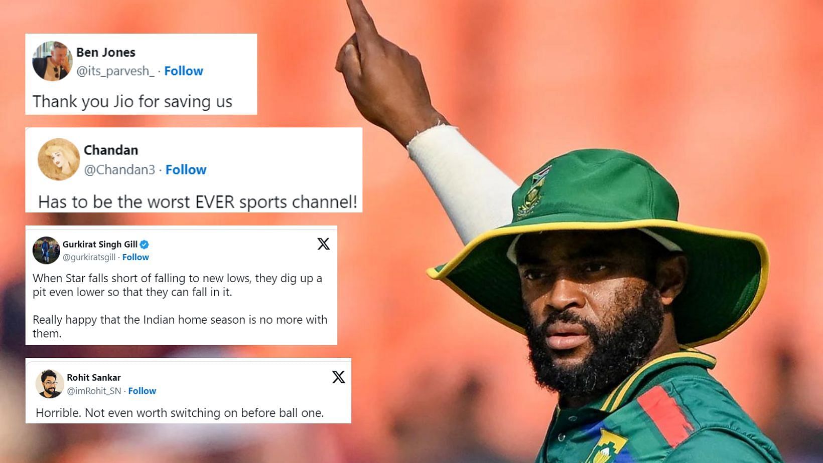 Twitter reactions to Star Sports showing Temba Bavuma memes.