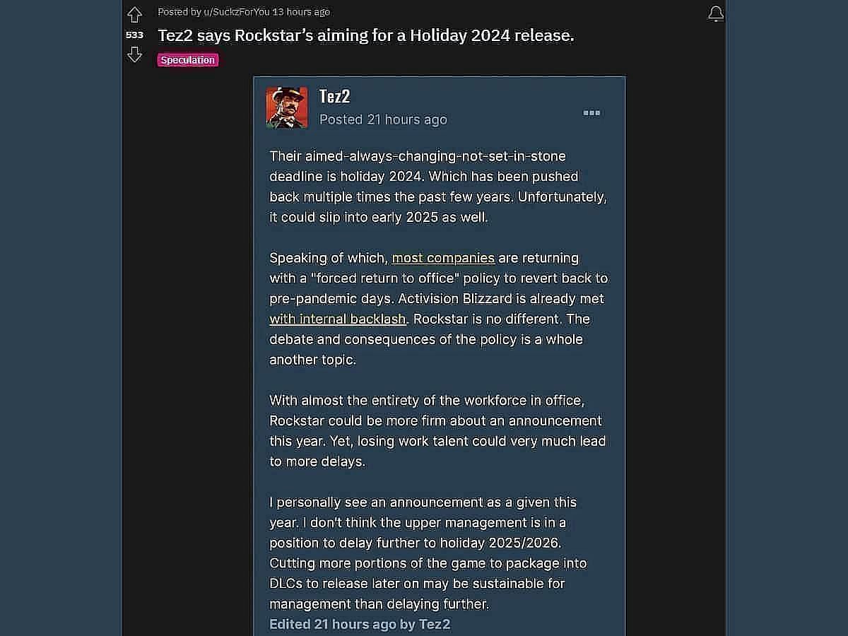 Tez2&#039;s possible Grand Theft Auto 6 release window suggestion (Image via Reddit/ u/SuckzForYou)