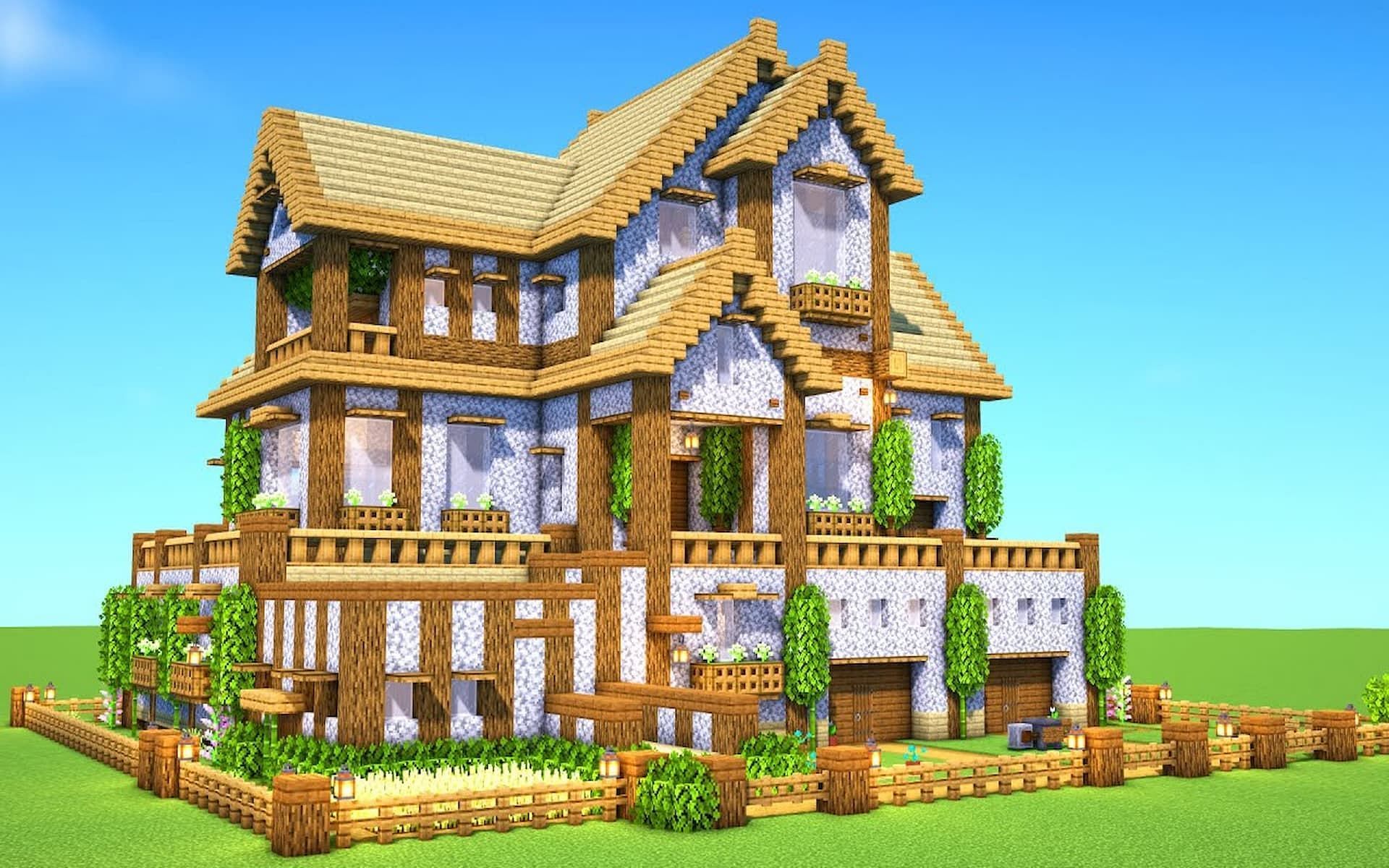A large mixed stone and brick house with wooden roof built in Minecraft
