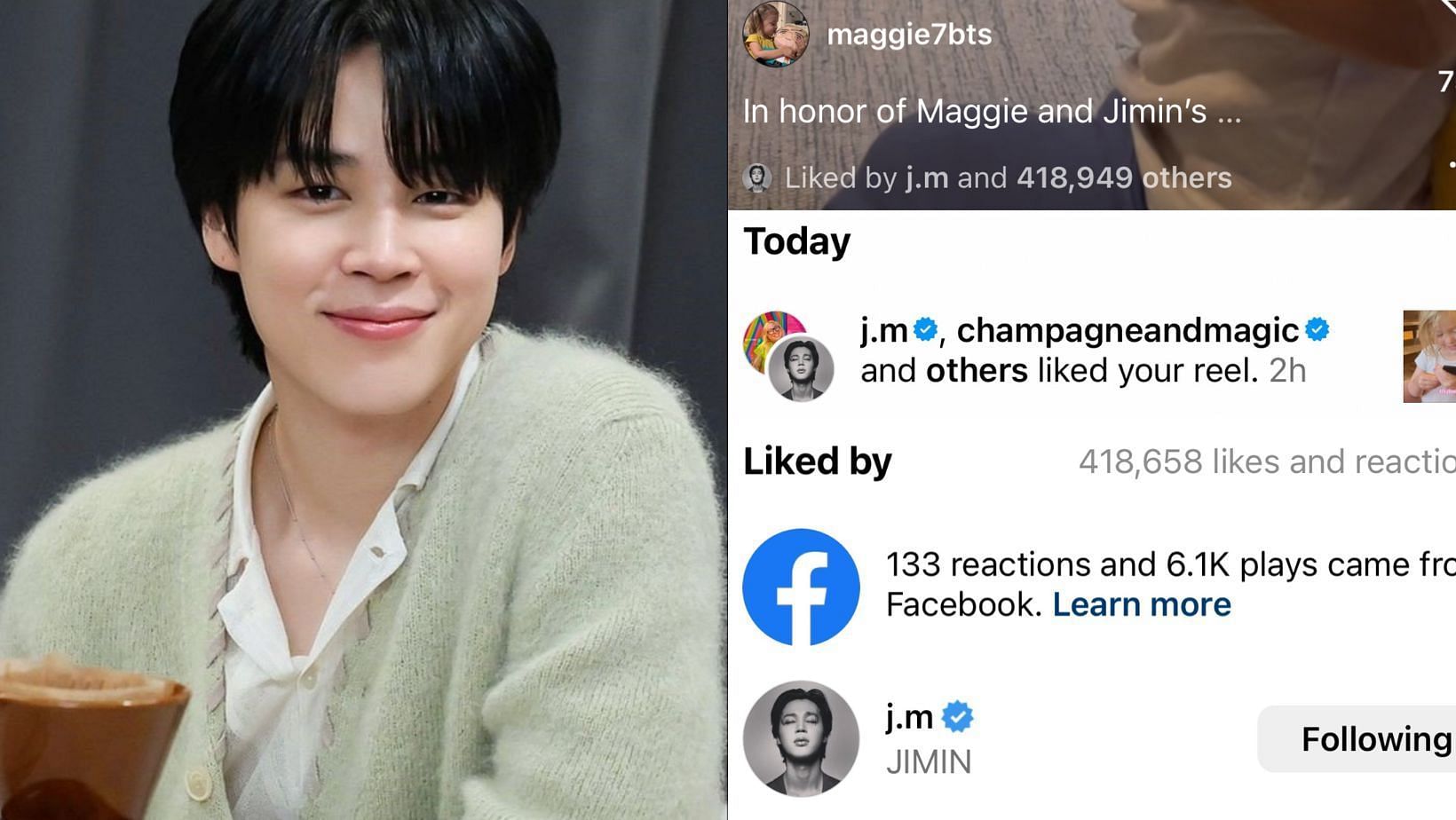 BTS Jimin reacting to a heart-warming video of a baby ARMY posted online. (Images via X/@connieonnie &amp; @PJM_data)