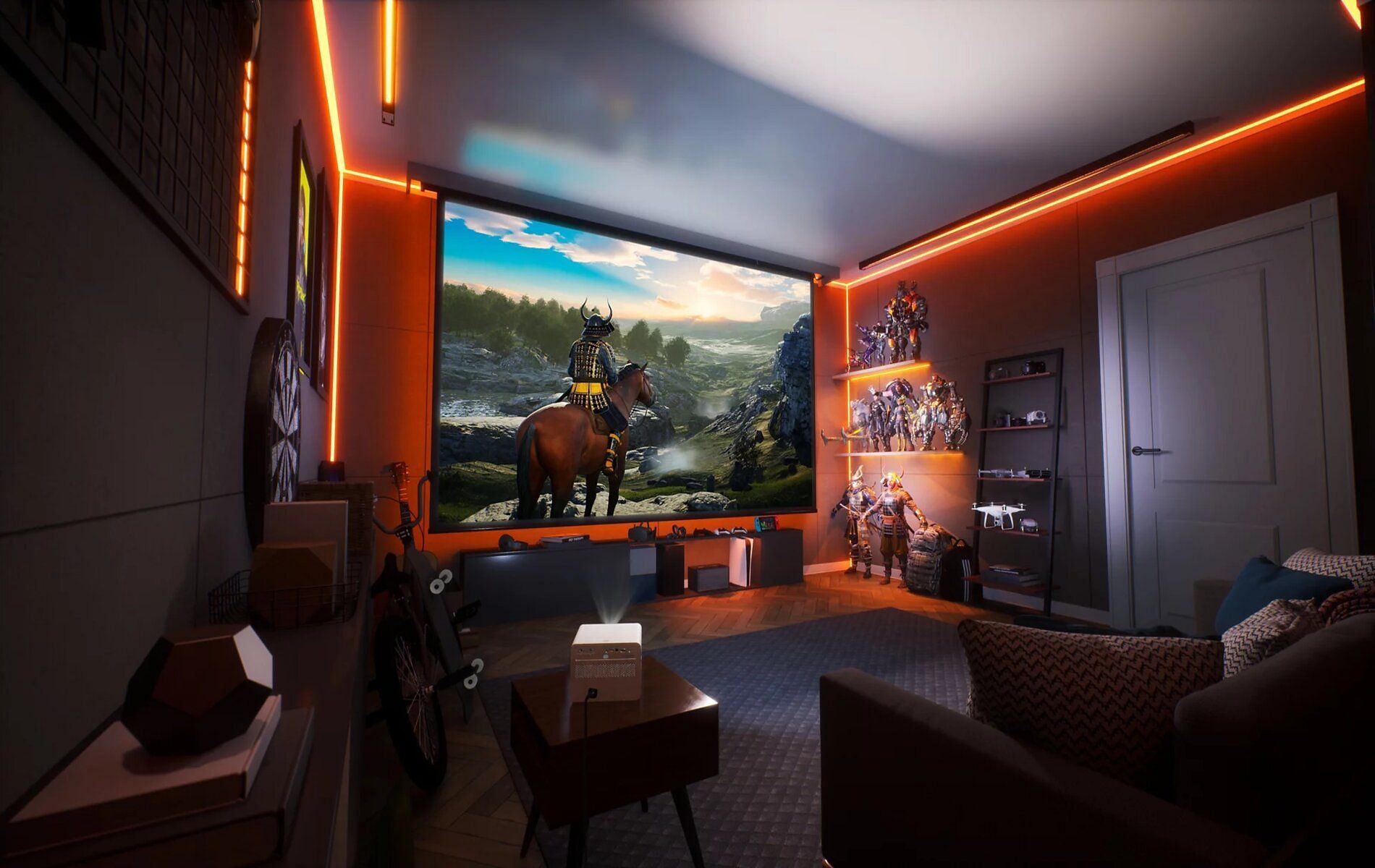 Image depicts a room with accessories related to gaming and pop culture