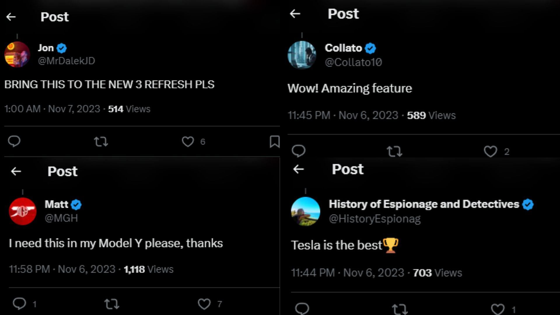 A collage of different X posts on Tesla&#039;s promotion on the platform today (Image via X)