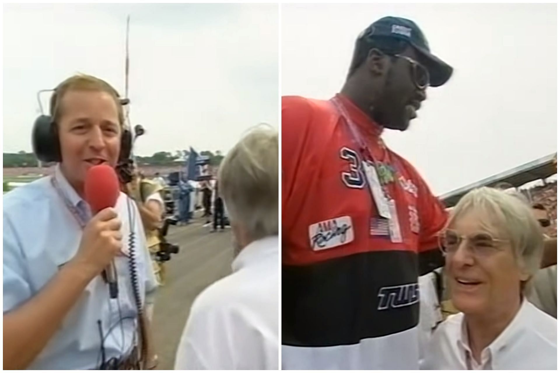 Martin Brundle meets Shaquille O Neil and former F1 CEO Bernie Ecclestone on a grid walk at the 2001 F1 German GP (Image via Sportskeeda) 