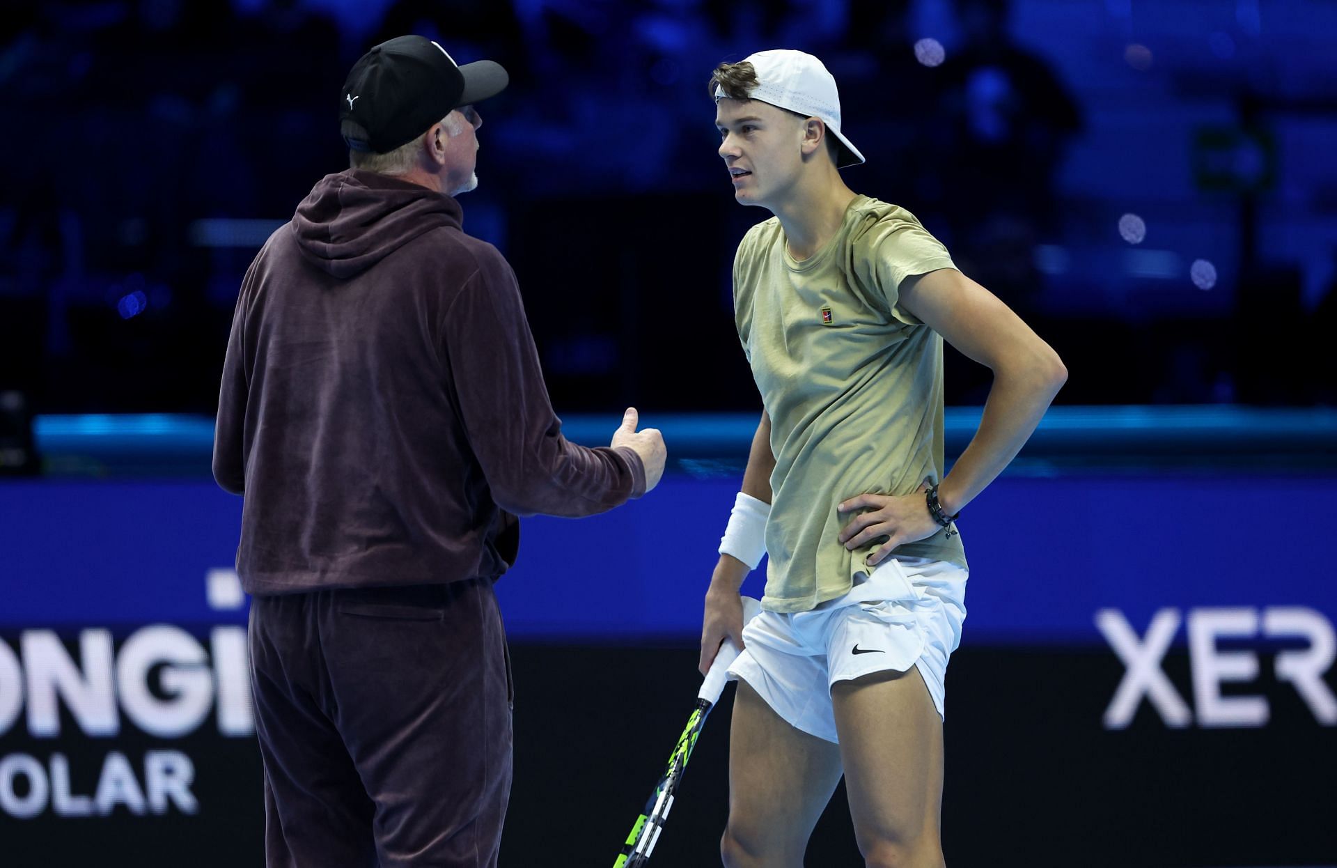 Holger Rune with coach Boris Becker at the 2023 ATP Finals in Turin.