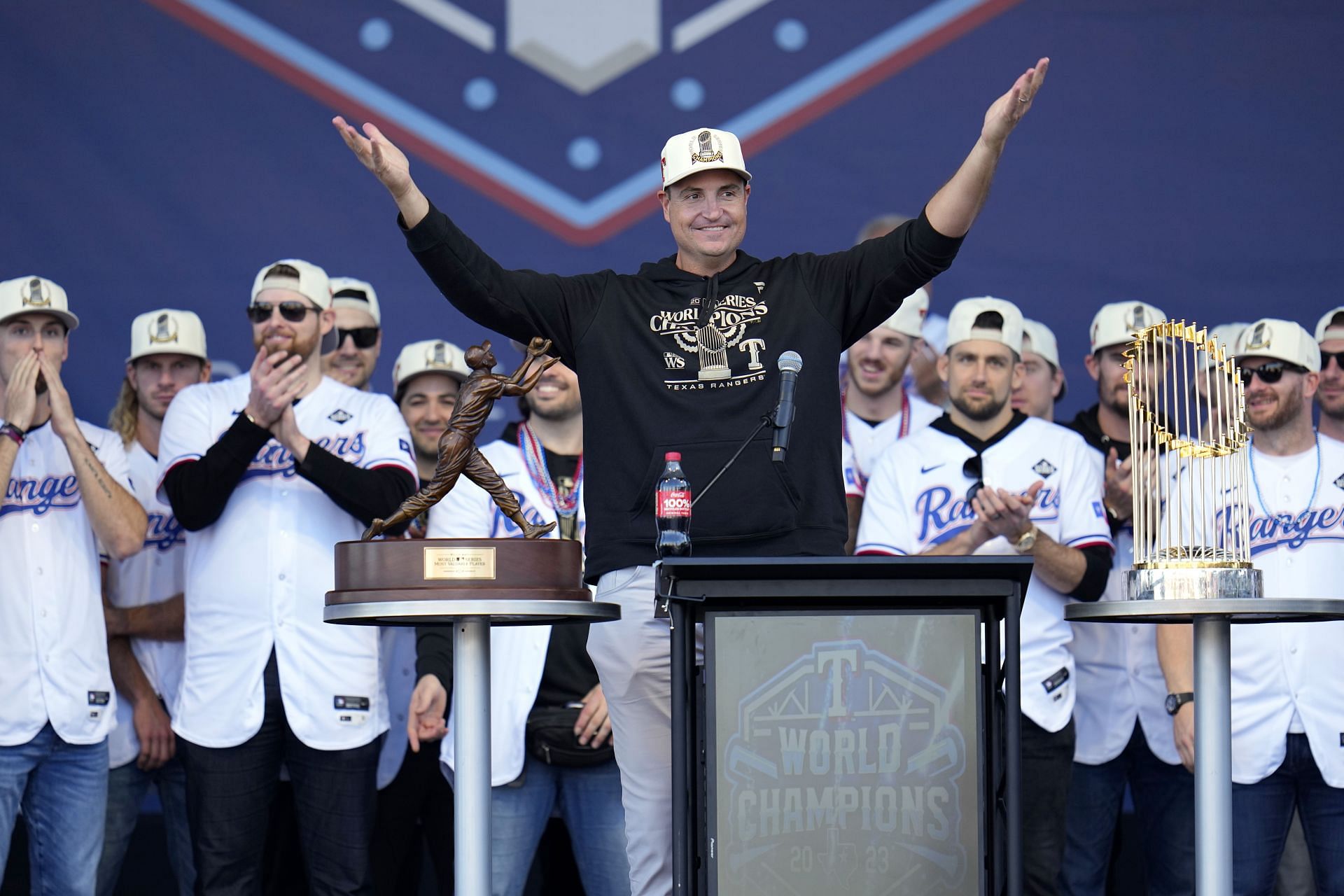 Texas Rangers general manager Chris Young addresses fans during a World Series championship celebration
