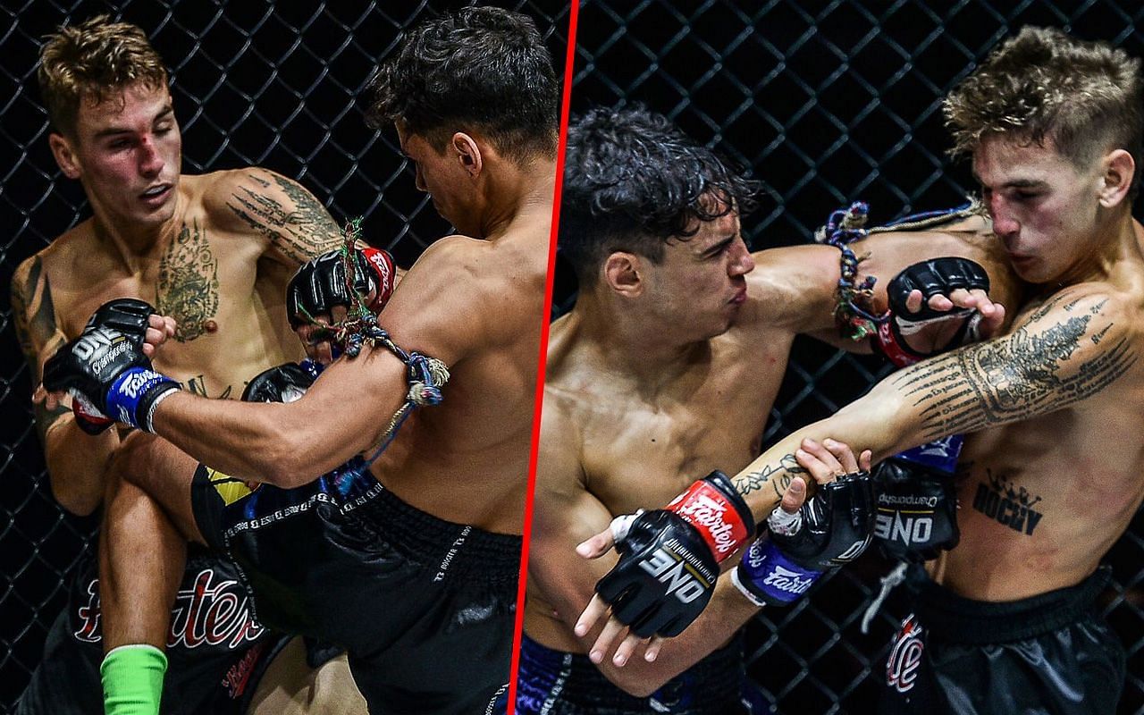 Joseph Lasiri fighting Rocky Ogden (photos left and right) | Image credit: ONE Championship