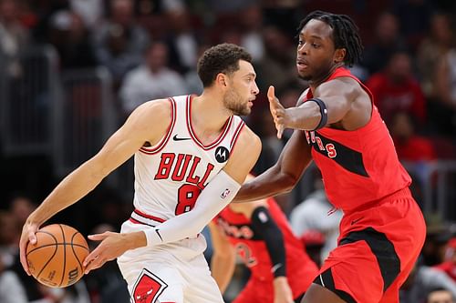 Zach LaVine of the Chicago Bulls and OG Anunoby of the Toronto Raptors