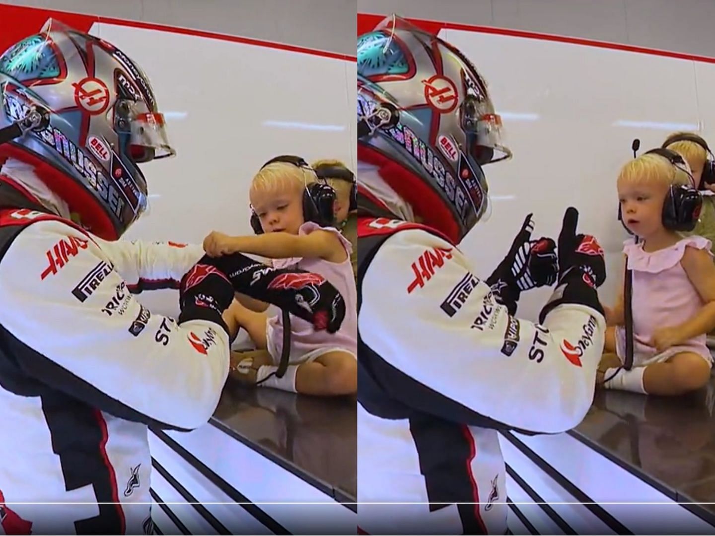 Kevin Magnussen and his daughter Laura (Image via F1 broadcast)