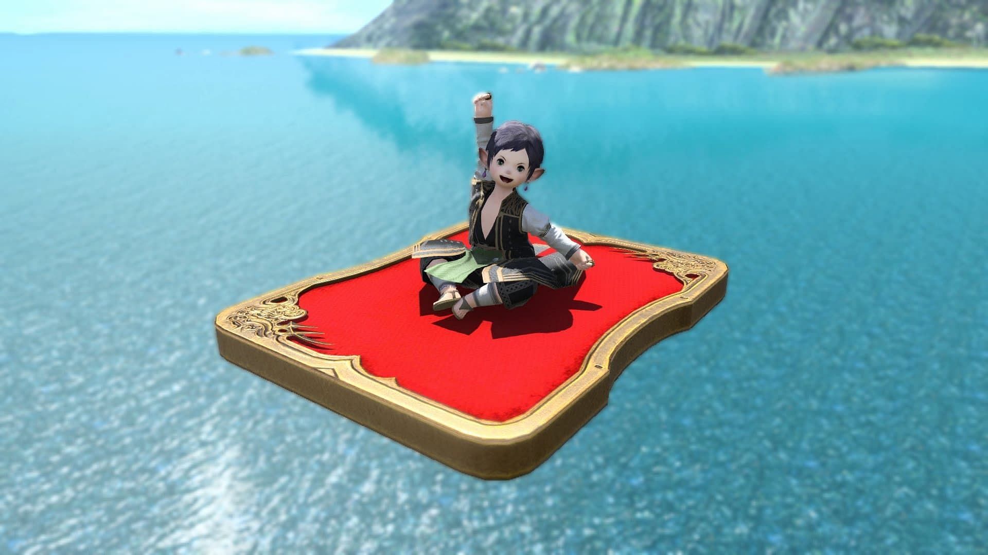 A Lalafell riding the Magicked Card mount in Final Fantasy 14