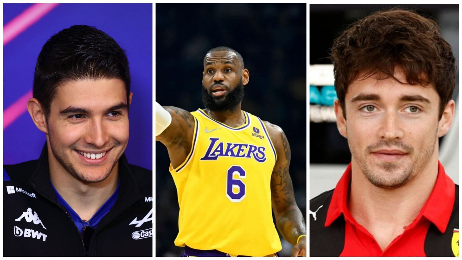 LeBron James (centre) met with F1 drivers Esteban Ocon (left) and Charles LeClerc (right) after Sunday