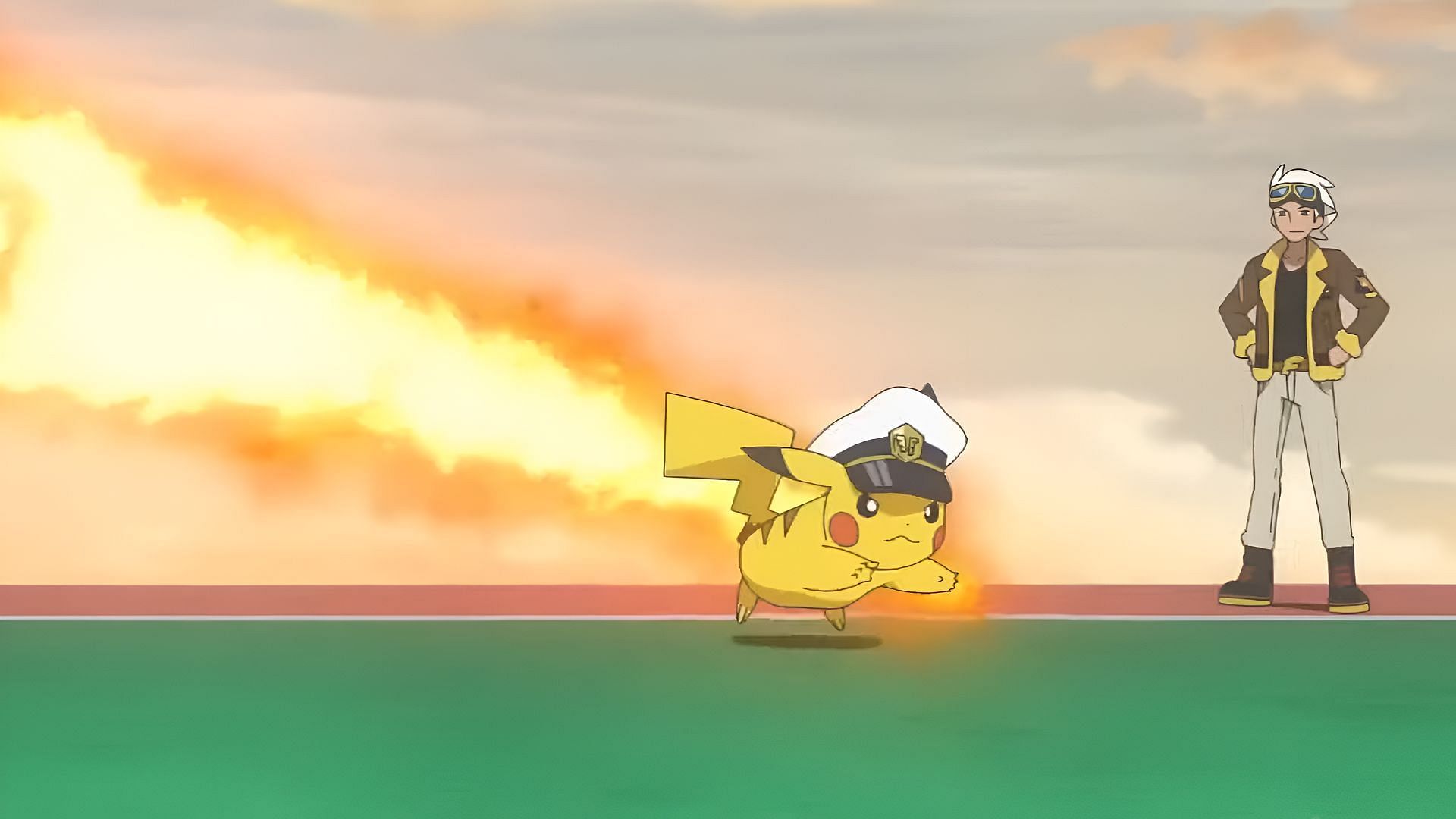 Captain Pikachu trains with Fuecoco and Sprigatito at the beginning of Pokemon Horizons Episode 30 (Image via The Pokemon Company)