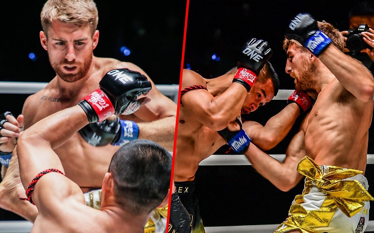 Jonathan Haggerty (left) and Haggerty fighting Nong-O (right) | Image credit: ONE Championship