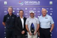 Mike Browne of England celebrates with the G4D trophy alongside Tony Bennett, President of Edga and Head of Disability and Inclusion for the IGF, Daniel Van Otterdijk, Group Chief Communications Officer of DP World and Eric Nicoli, Chairman of PGA European Tour Group, following the G4D Tour season finale (Image via Getty)