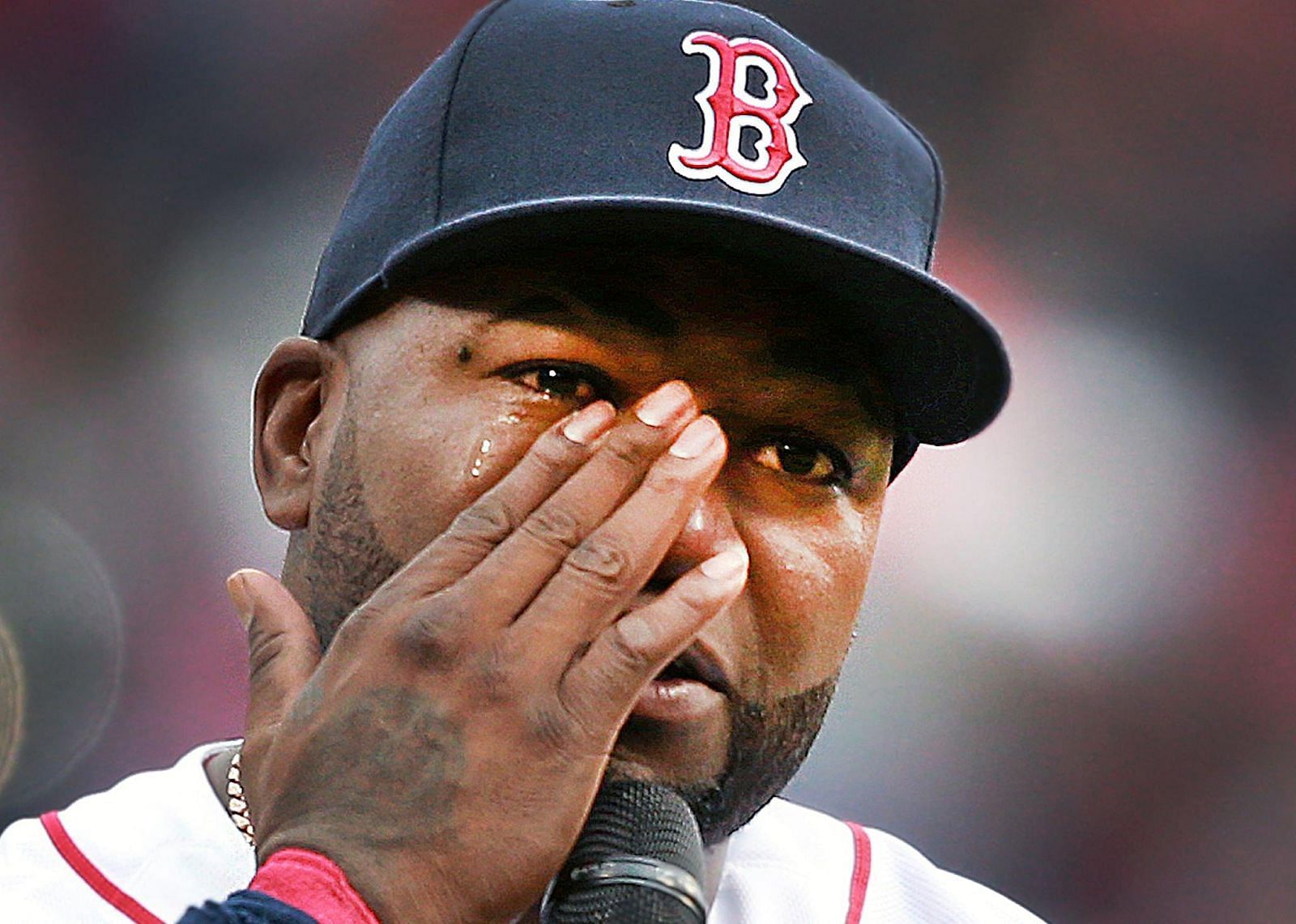 David Ortiz was in tears as he spoke to his fans before the game, remembering his mother. Source: Getty Images.