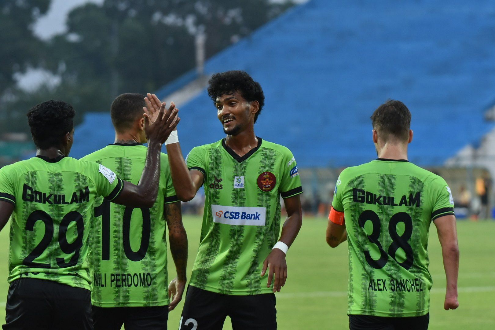 Gokulam Kerala players celebrating the goal against TRAU (Image Courtesy: X/I-League)
