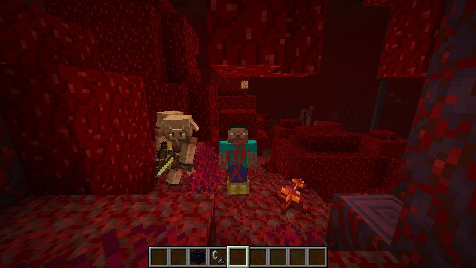 You must always wear a gold armor part in the Nether realm to prevent piglins from getting hostile in Minecraft (Image via Mojang)