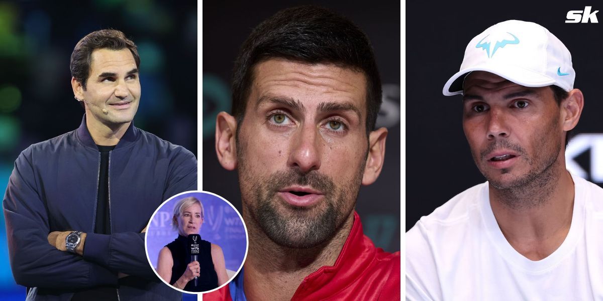 (From L-R) Roger Federer, Novak Djokovic and Rafael Nadal; Chris Evert (inset)