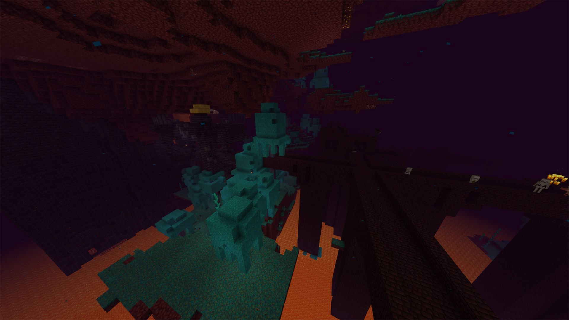 Find yourself amidst this beautiful Nether Fortress surrounded by Warped forest islands (Image via Mojang)