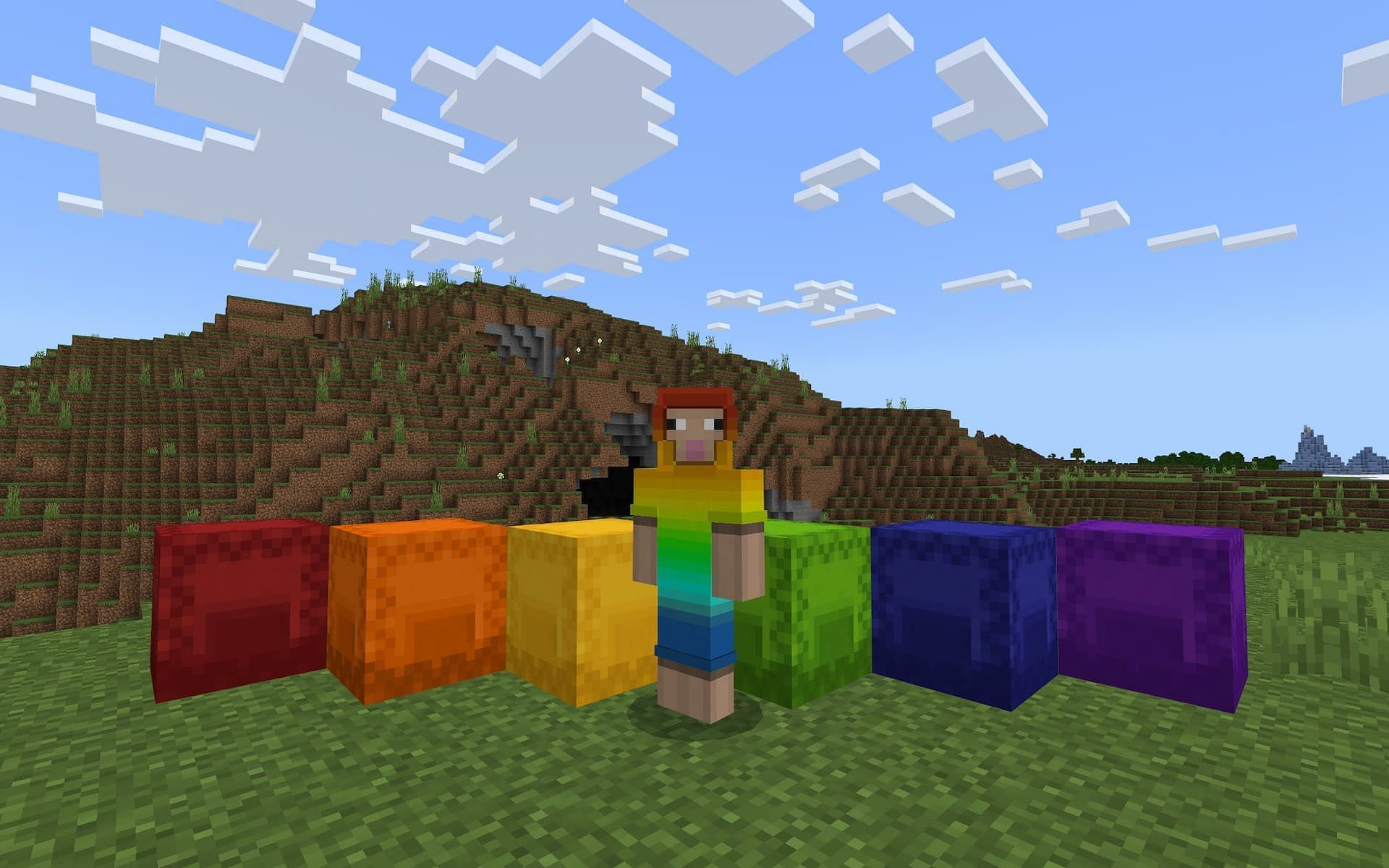 A rainbow sheep avatar stands in front of multiple colors of Shulker Boxes arranged in a rainbow