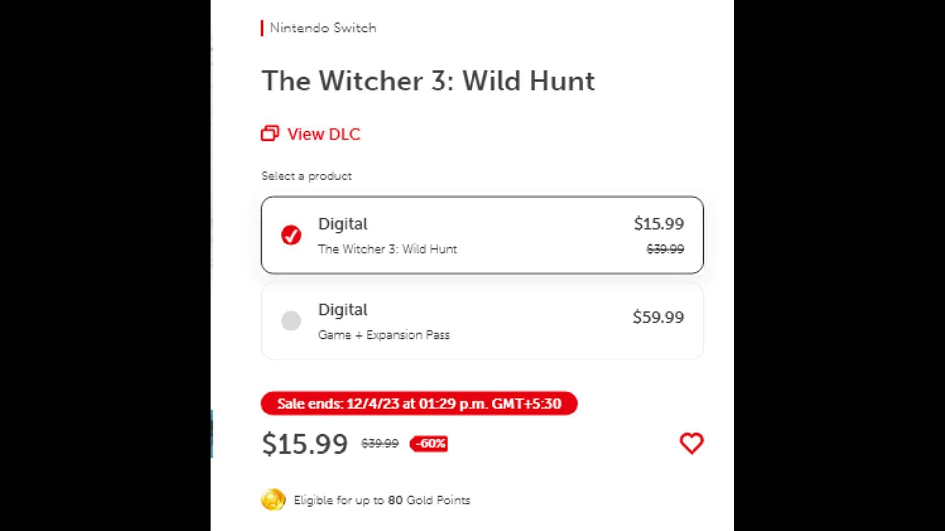 Witcher 3&#039;s Cyber Monday Deal price (Image via nintendo.com)