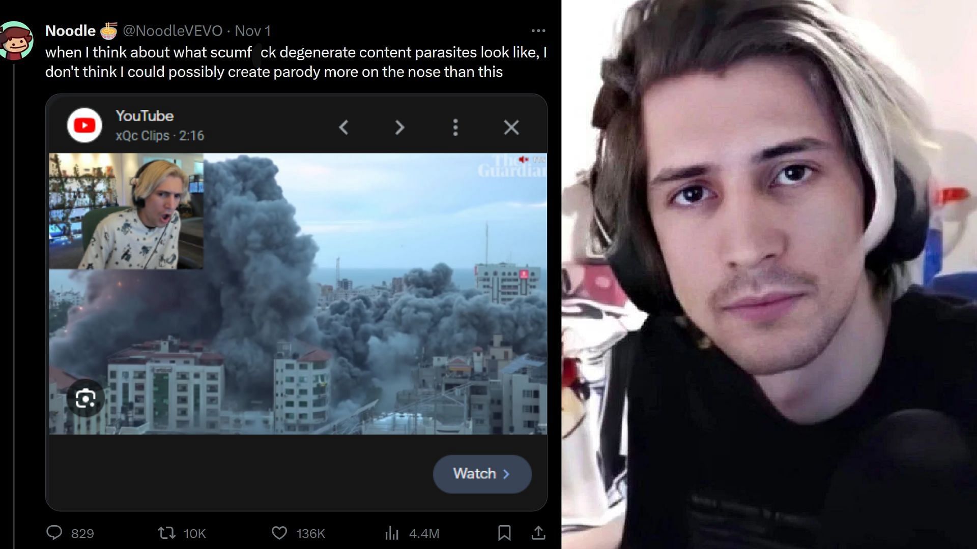 xQc critcized for posting Gaza reaction videos (Image via NoodleVEVO/X, xQc/Twitch)